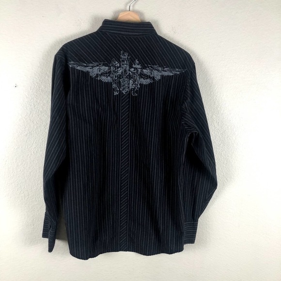 𝅺source DNM Shirt Black Gray Striped Embroidered Graphic Button Up Size Large - Picture 2 of 12